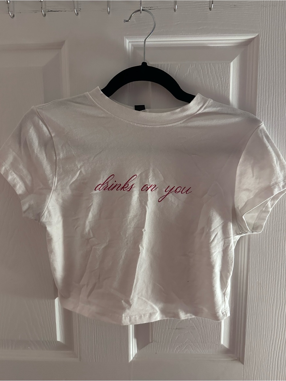Windsor White Crop Tee with Pink Script Logo